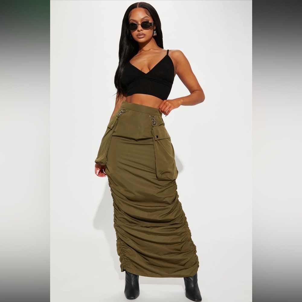 Olive Green Cargo Maxi Skirt